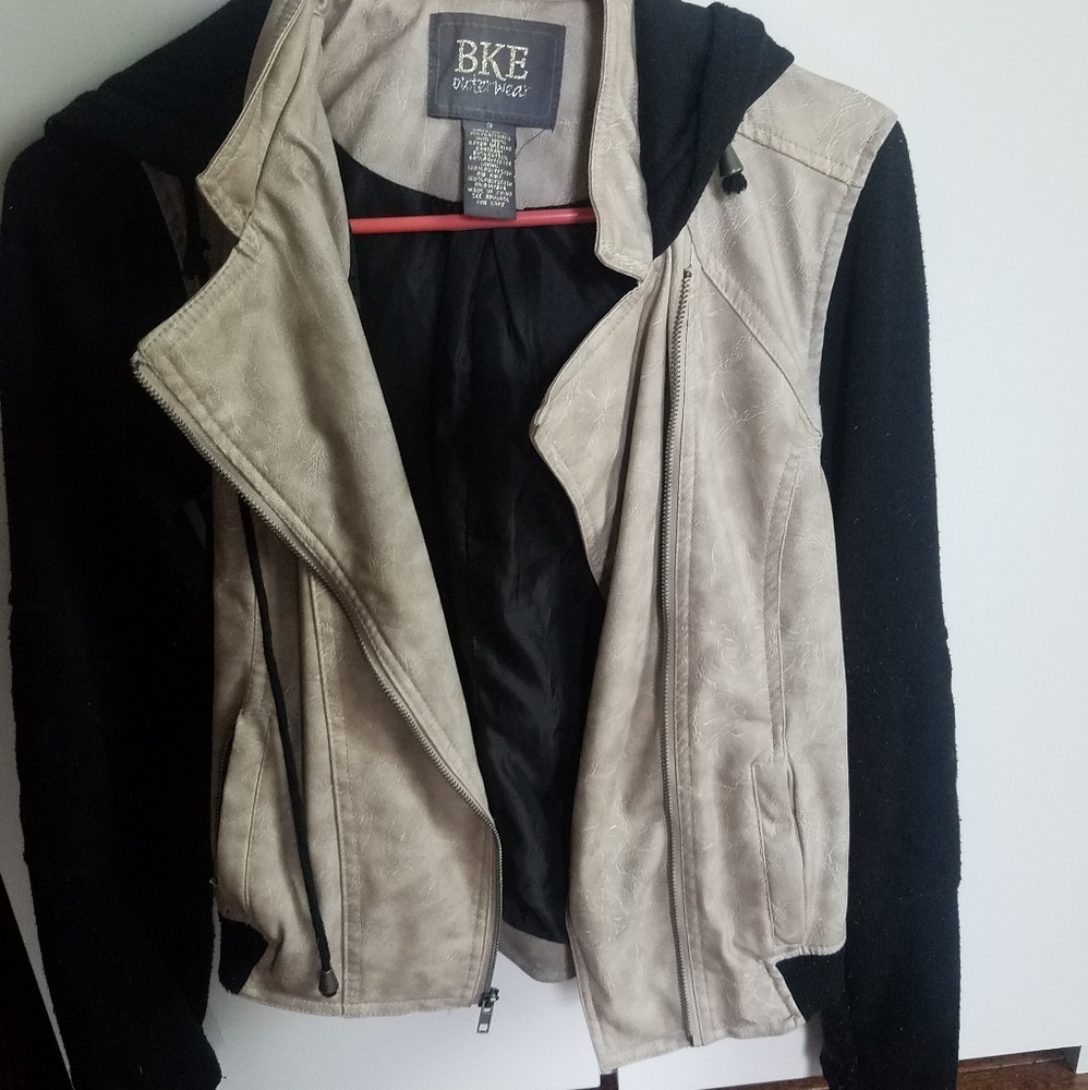 BKE tan leather & black sweatshirt jacket (s)